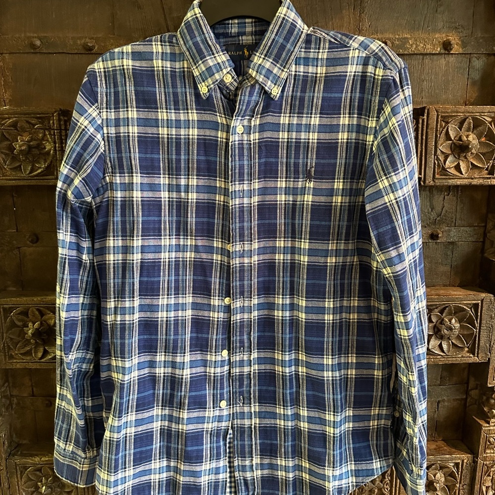 Ralph Lauren blue plaid long sleeve button down, size small.